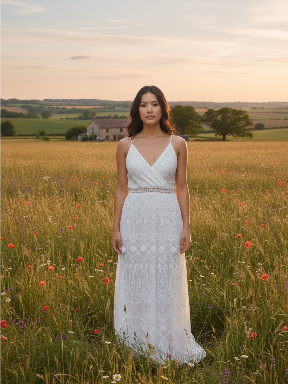 White Lace V-Neck Maxi Dress - Elegant Spaghetti Strap
